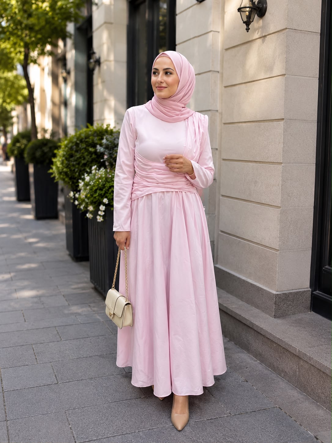 Robe Rose Poudré — Haut Cache-Cœur & Jupe Longue