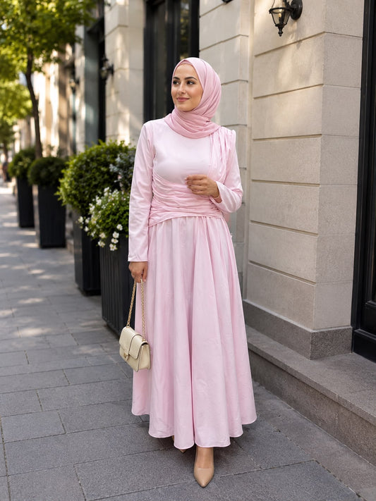Robe Rose Poudré — Haut Cache-Cœur & Jupe Longue