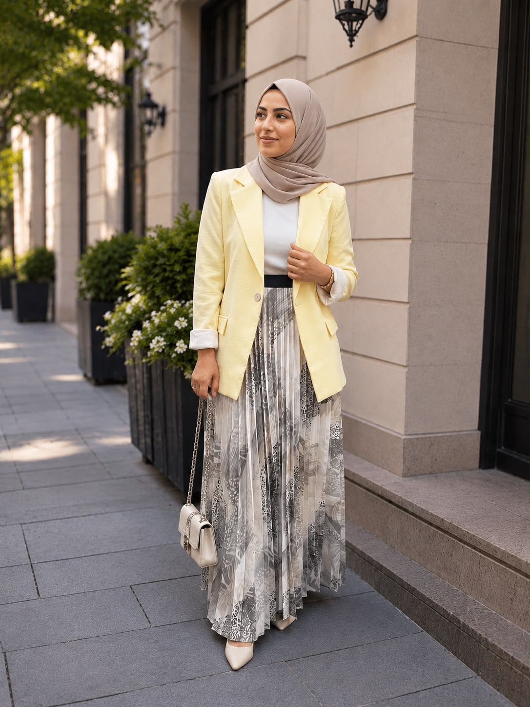 Ensemble Blazer Jaune Pastel & Jupe Longue Plissée Imprimée