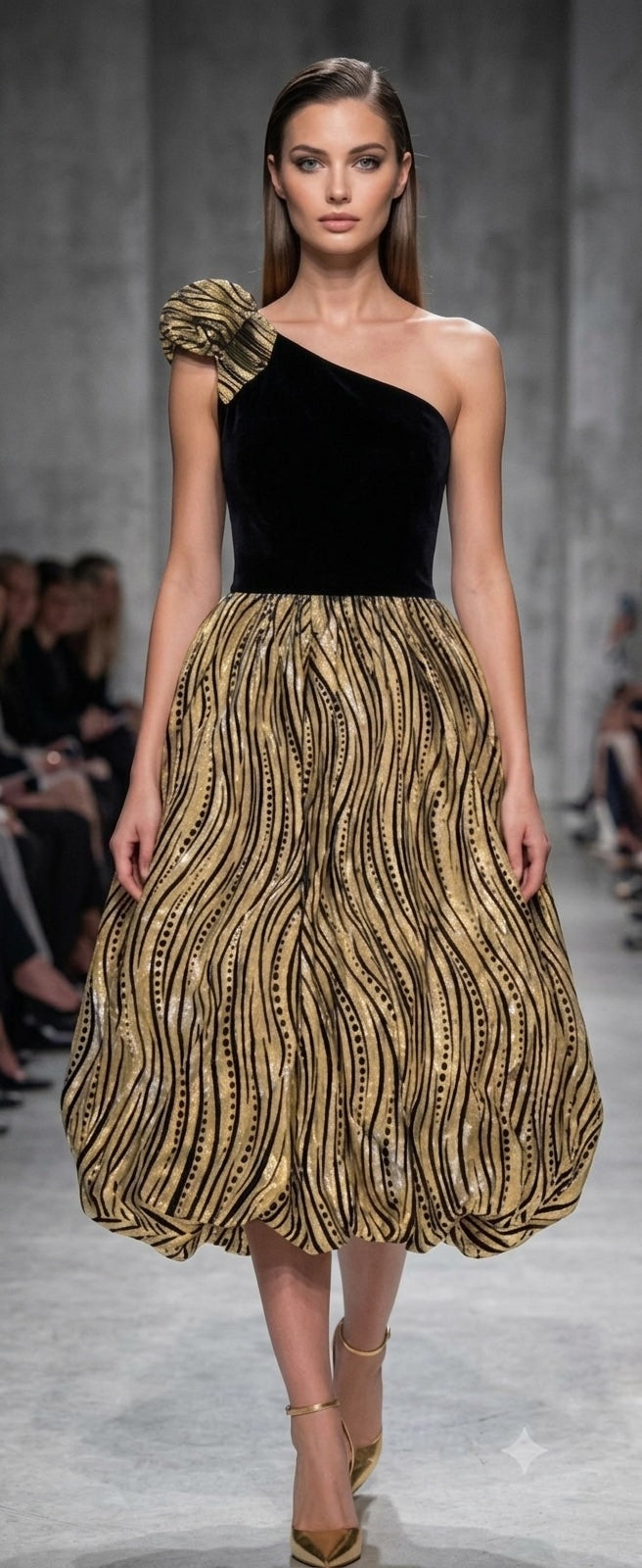 Robe Cocktail Asymétrique — Velours Noir & Jupe Dorée