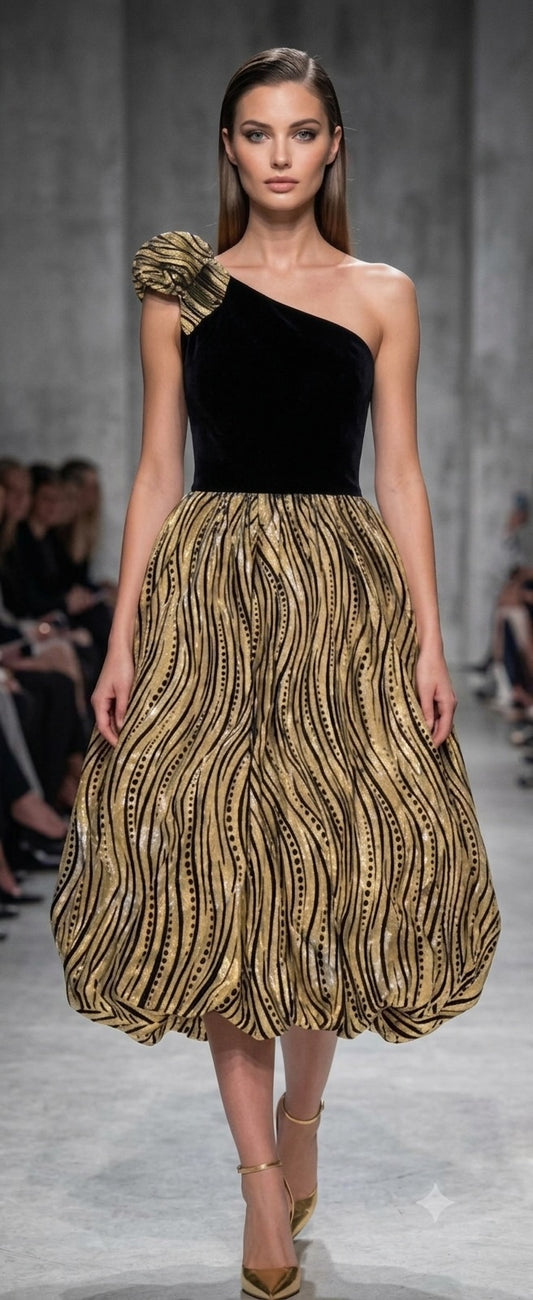 Robe Cocktail Asymétrique — Velours Noir & Jupe Dorée